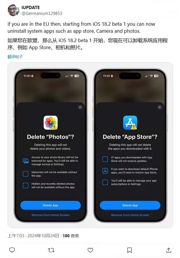 四方台苹果手机维修分享iOS 18.2 支持删除 App Store 应用商店 